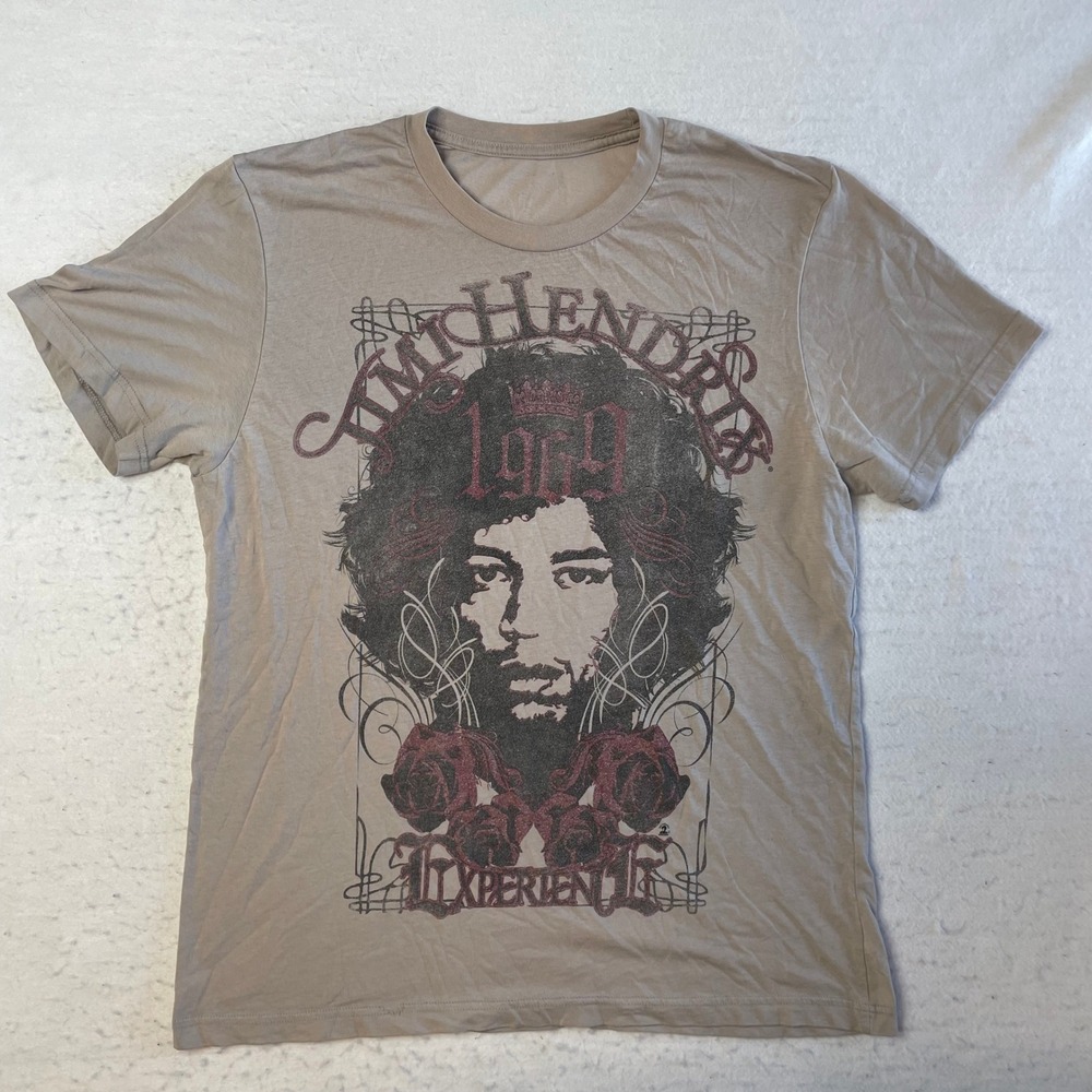 Jimi‎ Hendrix Graphic T-Shirt Large Tan 1969 Experience Rock Band Short Sleeve